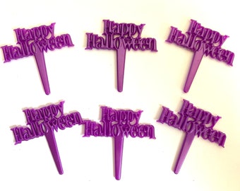 6 pcs Happy HALLOWEEN CUPCAKE Picks |  Pearlized Purple Happy Halloween Cupcake TOPPERS | 2” Halloween Picks