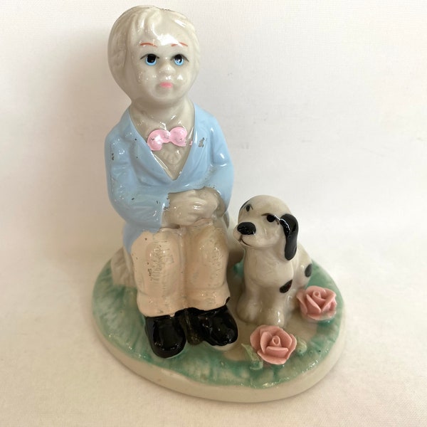 Vintage BOY Sitting with Spotted DOG Porcelain Figurine | Vtg Blonde Boy & Dog Figure | 4” Porcelain Boy / Dog / Roses Figurine