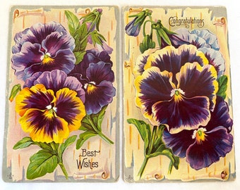Set of 2 Victorian Purple PANSIES POSTCARDS | Antique “Congratulations” & “Best Wishes” USED Pansy Postcards | Vtg 5-1/2” x 3-1/2” Postcards
