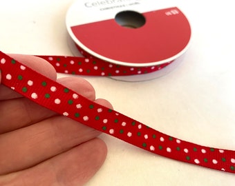 3 yds Red Grosgrain Polka Dot CHRISTMAS RIBBON | 3/8 in x 3 yd Red Ribbon | Green & White Dotted Red Ribbon | Celebrate It Ribbon