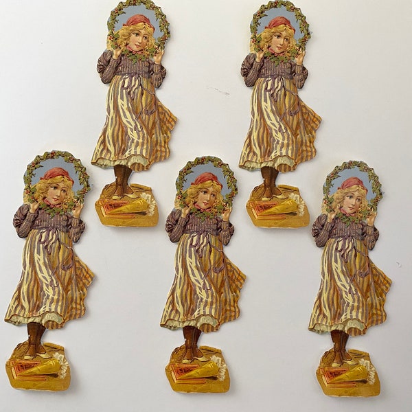 5 pcs Vintage Young GIRL with Wreath Die Cut Embossed SCRAPS | Mamelok Press Victorian Style Relief Scraps | Made in England | From MPL A73