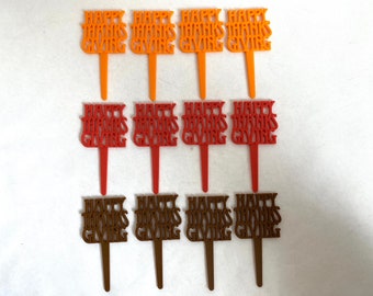 12 pcs HAPPY THANKSGIVING Cupcake PICKS l 4 ea: Orange + Red + Brown Thanksgiving Picks / Cupcake Toppers | 2.75” Plastic Picks Set of 12