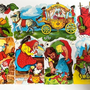 May include: A vintage paper doll set featuring a king and queen, a carriage, a cat, a crow, a gnome, and a giant. The set includes a castle, a forest, and a kitchen scene. The dolls are colorful and detailed, with intricate clothing and accessories.