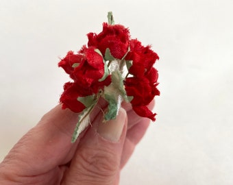 Vintage Artificial RED ROSE Buds | Mini Bouquet of 3 Stems Faux Silk Polyester 1/2” Red Rose Buds | 6 Red Rose Buds / Leaves | Millinery