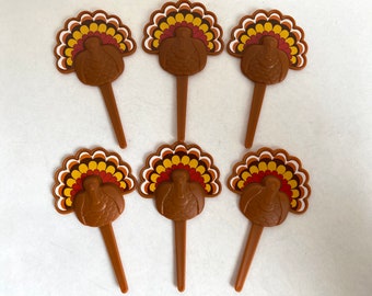 6 pcs Thanksgiving TURKEY Cupcake PICKS | 3-D Turkey Picks / Cupcake Toppers | 2.75” Plastic Turkey w/Paper Tail Feathers Picks Set of 6