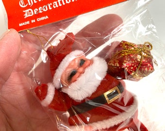 Vintage SANTA CLAUS Ornament | 4” Flocked RETRO Santa w/Red & Gold Foil Present | Christmas Decoration Made in China