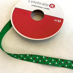 3 yds Green Grosgrain Polka Dot CHRISTMAS RIBBON 3/8 in x 3 yd Green Ribbon Red & White Dotted Green Ribbon Celebrate It Ribbon image 2