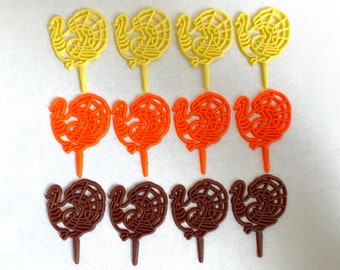 12 pcs Thanksgiving TURKEY Cupcake PICKS l 4 ea: Yellow + Orange + Brown Turkey Picks / Cupcake Toppers | 2” Plastic Turkey Picks Set of 12