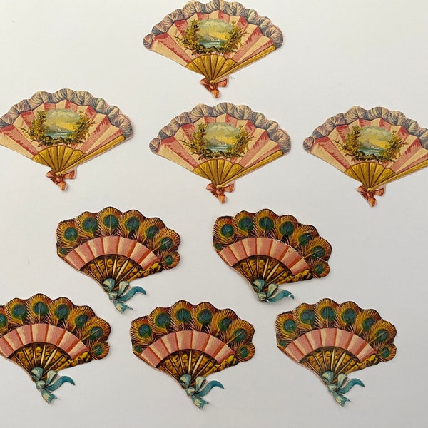9 pcs Vintage Pink & Feather FAN Die Cut Embossed SCRAPS | Mamelok Press Victorian Style Relief Scraps | Made in England | From MPL A70+A71