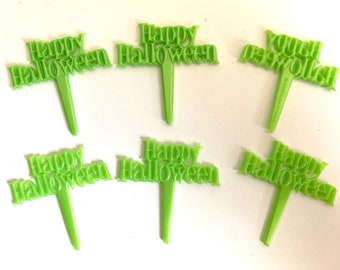 6 pcs Happy HALLOWEEN CUPCAKE Picks |  Pearlized Light Green Happy Halloween Cupcake TOPPERS | 2” Halloween Picks