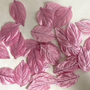 May include: A collection of pink satin leaves, perfect for crafting or decorating. These leaves are lightweight and have a delicate texture.