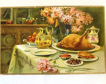 Victorian 1908 THANKSGIVING Dinner w/Gold Border Embossed POSTCARD | Antique “Thanksgiving Day” Used Postcard | 5-1/2” x 3-1/2” Postcard