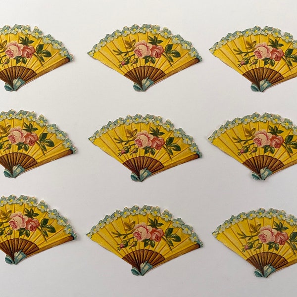 9 pcs Vintage Yellow+Blue FAN w/Roses Die Cut Embossed SCRAPS | Mamelok Press Victorian Style Relief Scraps | Made in England | From MPL A70