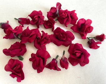 19 pcs Vintage Artificial BURGUNDY ROSES & Rose Buds | Assortment Faux Silk Polyester Maroon 13 Roses + 6 Rose Buds | Vtg Millenery Flowers