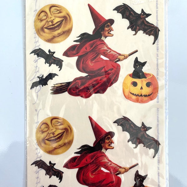 Vintage HALLOWEEN Sticker Sheet | Halloween Gifted Stickers | 1986 The Gifted Line / John Grossman | Witch + JOL + Black Cat + Bat Stickers