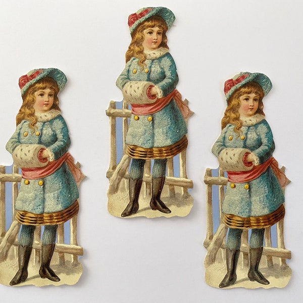 3 pcs Vintage Young GIRL in Blue Die Cut Embossed SCRAPS | Mamelok Press Victorian Style Relief Scraps | Made in England | From MPL A73