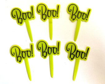 6 pcs Halloween BOO! CUPCAKE Picks |  Lime Green Boo! Cupcake TOPPERS | 2.5” Halloween Picks