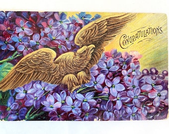 Victorian GOLD Eagle w/Violets POSTCARD | Antique Gorgeous “Congratulations” Used Postcard | 5-1/2” x 3-1/2” Embossed Violets Postcard