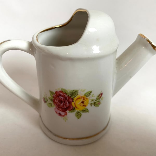 Miniature ROSES Watering Can / PITCHER / Mini Rose Pitcher w/Gold Accents | Tiny 3” Floral Doll Creamer | Dollhouse Pitcher | Made in Taiwan