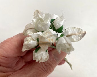 Vintage Artificial WHITE ROSE Buds | Mini Bouquet of 3 Stems Faux Silk Polyester 1/2” White Rose Buds | 6 White Rose Buds / Leaves | #08