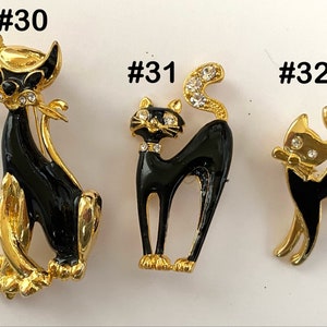 Vintage BLACK Enamel CAT Gold-plated Pin / Brooch | 3 Choices: 2-1/4” Funky Cat #30 / 1-7/8” Cat Rhinestone Tail #31 / 1-3/8” Cat #32