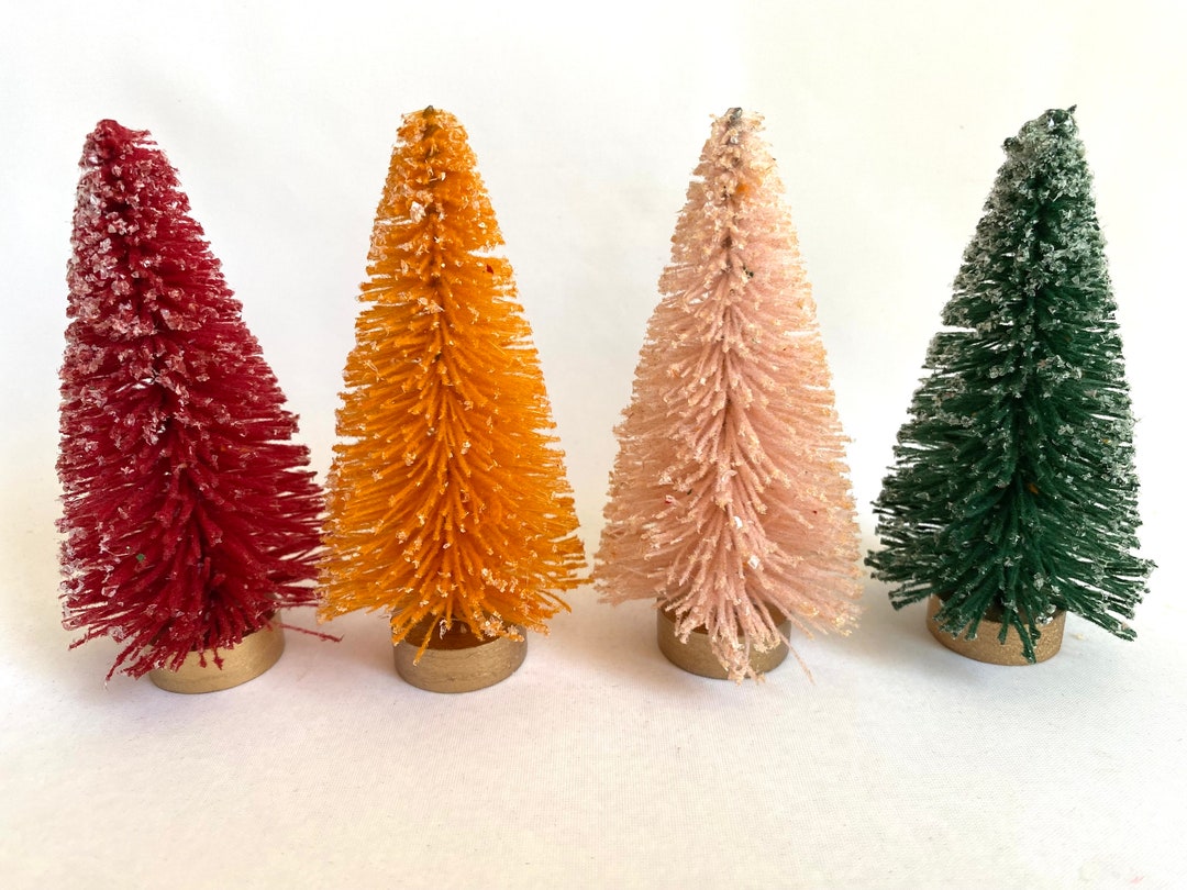 Set of 4 BOTTLE BRUSH Trees Assorted 4 Green, Pink, Orange & Red