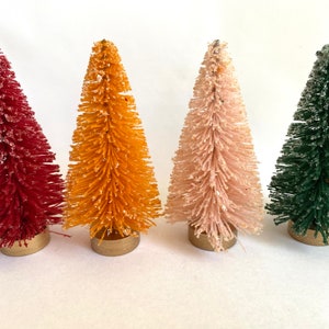 Set of 4 BOTTLE BRUSH Trees | Assorted 4” Green, Pink, Orange & Red CHRISTMAS Trees |  Mini Bottle Brush Holiday Trees |