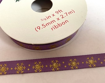 9 ft PURPLE w/Gold Snowflakes CHRISTMAS RIBBON | 3/8 in x 9 ft  Lavender Grosgrain Ribbon / Gold Snowflakes | Handmade Holiday Ribbon