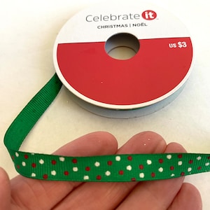 3 yds Green Grosgrain Polka Dot CHRISTMAS RIBBON 3/8 in x 3 yd Green Ribbon Red & White Dotted Green Ribbon Celebrate It Ribbon image 1