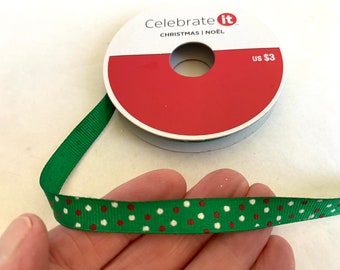 3 yds Green Grosgrain Polka Dot CHRISTMAS RIBBON | 3/8 in x 3 yd Green Ribbon | Red & White Dotted Green Ribbon | Celebrate It Ribbon