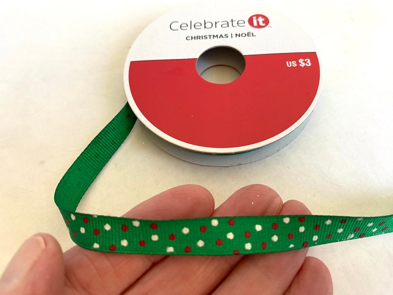 3 yds Green Grosgrain Polka Dot CHRISTMAS RIBBON 3/8 in x 3 yd Green Ribbon Red & White Dotted Green Ribbon Celebrate It Ribbon image 1