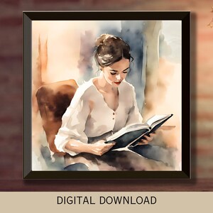 May include: A watercolor painting of a woman sitting in a chair and reading a book. She is wearing a white shirt and has brown hair. The background is a soft, muted watercolor wash.