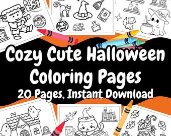 Cozy Cute Halloween Coloring Pages|Digital Download|Printable Halloween Coloring Book|PDF Coloring Pages|Activity Pages for Kids