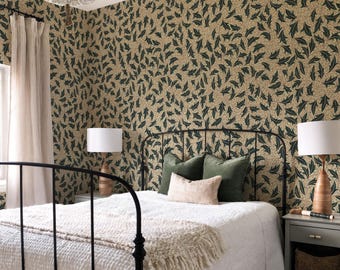 Dark Green Botanical Wallpaper: Vintage Art Nouveau Peel and Stick Mural