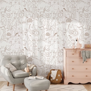 Cute Hand Drawing Safari Animals Wallpaper, Monochrome Animals Kids Wall Mural, Nursery Cartoon Animals Wallpaper, Peel and Stick, Removable