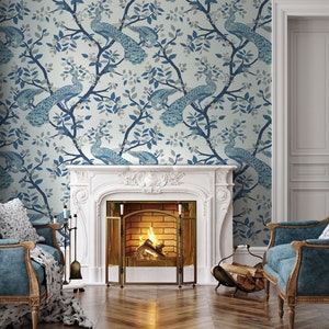 Monochrome Chinoiserie Wallpaper, Blue Chinese Birds Wall Mural, Floral Chinoiserie Wallpaper, Peel and Stick, Removable Self-Adhesive