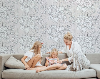 Hand Drawn Floral Wallpaper: Modern Line Art, Peel and Stick