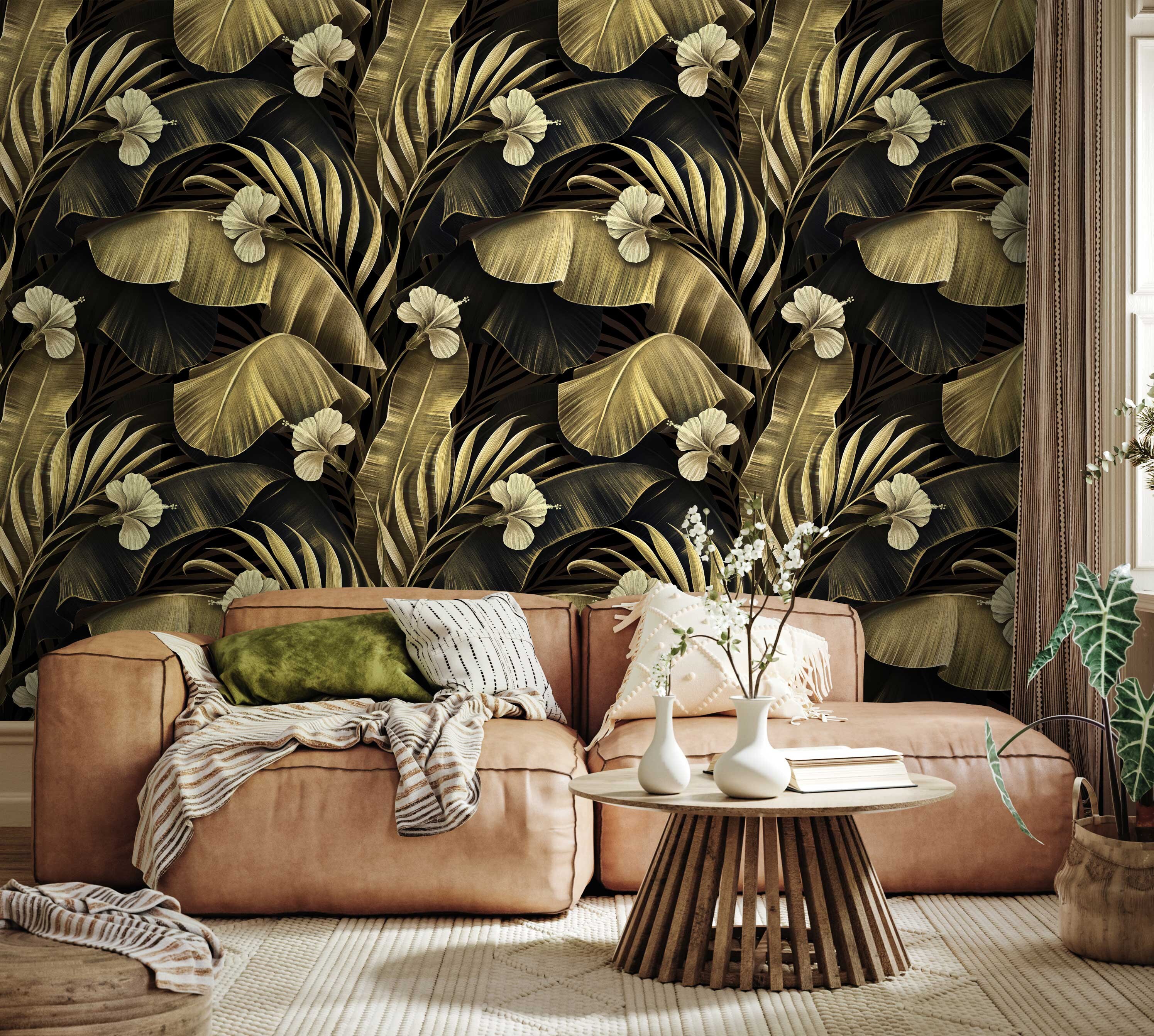 Gold Banana Leaves Wallpaper: Peel and Stick Tropical Wall Mural - Etsy