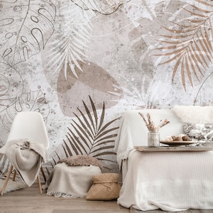 Tropical Palm Leaves Self Adhesive Wallpaper, Modern Neutral Palm Leaves Wall Mural, Bohemian Tropical Wallpaper, Peel and Stick, Removable