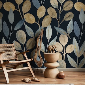 Watercolor Gold Leaves Wallpaper, Dark Navy Blue Wall Mural, Peel and Stick, Botanical Bohemian Wallpaper, Removable Wallpaper