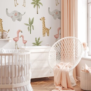 Watercolor Cute African Animals Wallpaper, Cute background for Nursery Wall Mural, Kids Wallpaper Peel and Stick, Removable Self Adhesive