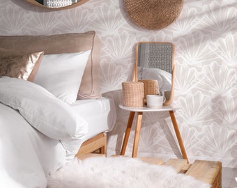 Hand Drawn Striped Sea Shells Wallpaper, Peel and Stick, Soft Bohemian Wall Mural, Beige Beach House Wall Decor, Removable Self Adhesive