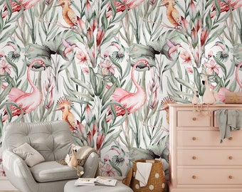Watercolor Flamingo and Hummingbird Wallpaper, Pastel Color Tropical Nature Mural, Exotic Jungle Plants, Removable Wallpaper, Peel and Stick