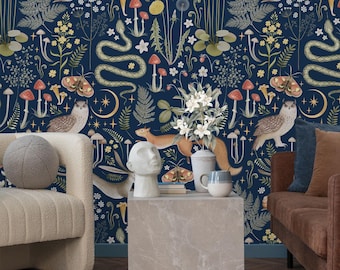 May include: Dark blue wallpaper featuring a whimsical forest scene with owls, rabbits, squirrels, mushrooms, and snakes. The design includes celestial elements like moons and stars, creating a magical, nature-inspired aesthetic.