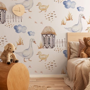 Cute Farm Animals Kids Wallpaper, Peel and Stick, Goose and Chick Removable Wall Mural, Farm Animal Nursery Decor, Baby Room Self Adhesive
