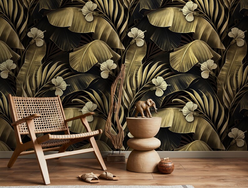 Gold Banana Leaves Wallpaper: Peel and Stick Tropical Wall Mural - Etsy