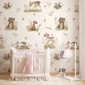 Cute Woodland Animals Wallpaper, Watercolor Kids Nursery Wallpaper, Baby Room Mural Peel and Stick, Boho Removable Self-Adhesive Wallpaper
