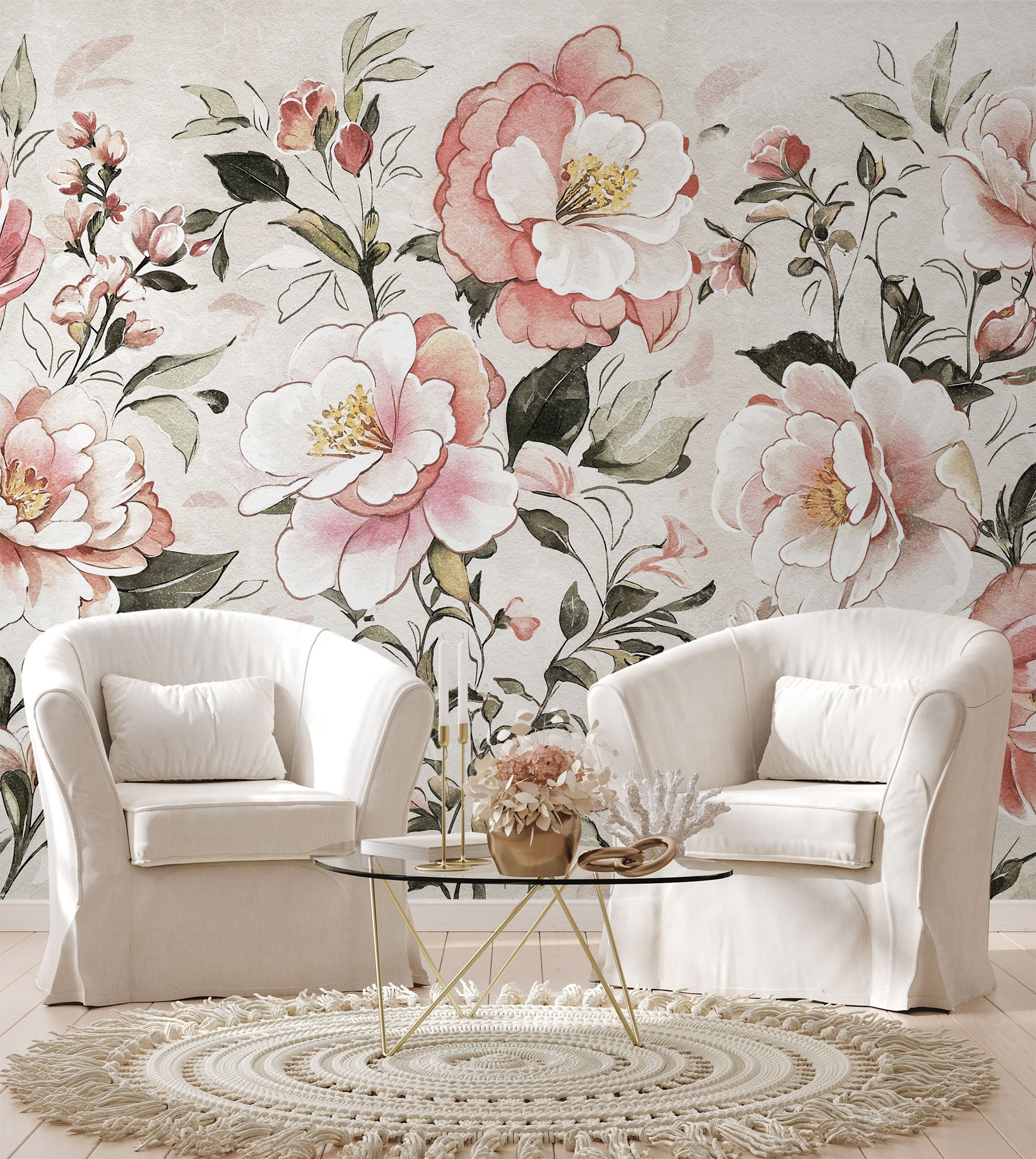 Watercolor Peony Flower Wall Mural: Soft Floral Peel and Stick ...