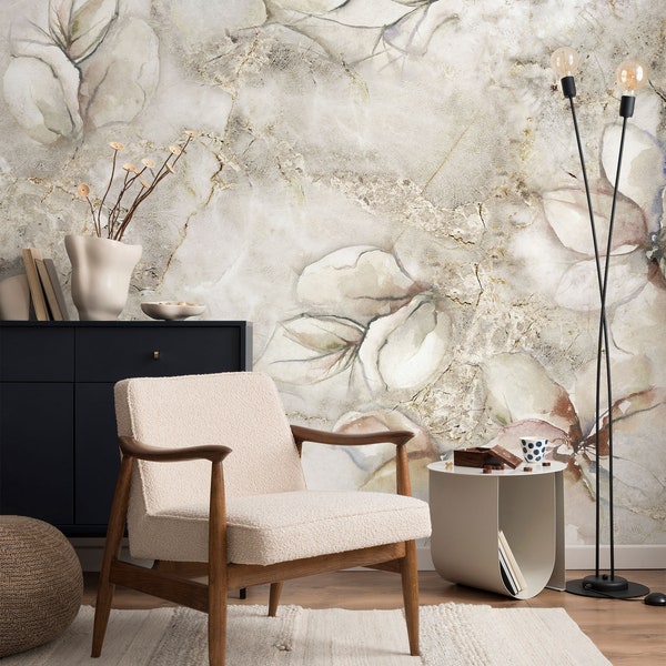 Marble Textured Floral Wallpaper, Shades Of Beige Abstract Marble Look Flowers Wall Mural, Peel And Stick, Self Adhesive Removable Wallpaper