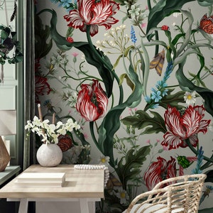 Spring Floral Wallpaper, Watercolor Botanical Tulips, Removable Peel and Stick, Self Adhesive, Removable Paper or Traditional Wallpaper